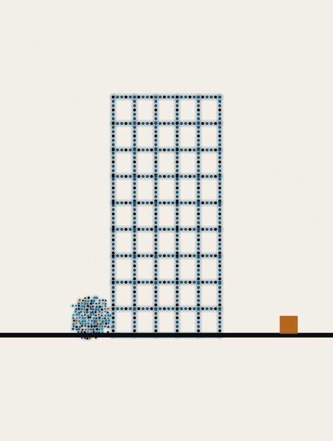 An abstract illustration in pointillist dots: a tall, fine mesh of vertical and horizontal dotted lines stands on a horizon, a dot-sphere resting at its foot on one side, and a small amber square safe on the other.