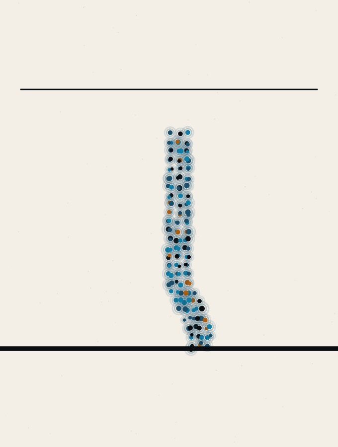 An abstract illustration in pointillist dots: a slender dot-column standing on a low horizon, bending slightly sideways near its base, with a thin horizontal rule crossing the sky above it.