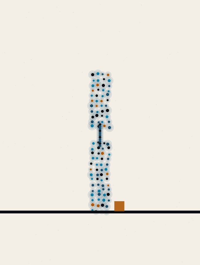 An abstract illustration in pointillist dots: a broken dot-column on a wide horizon, its two halves joined by a short straight rule, with a small amber square resting at its foot.