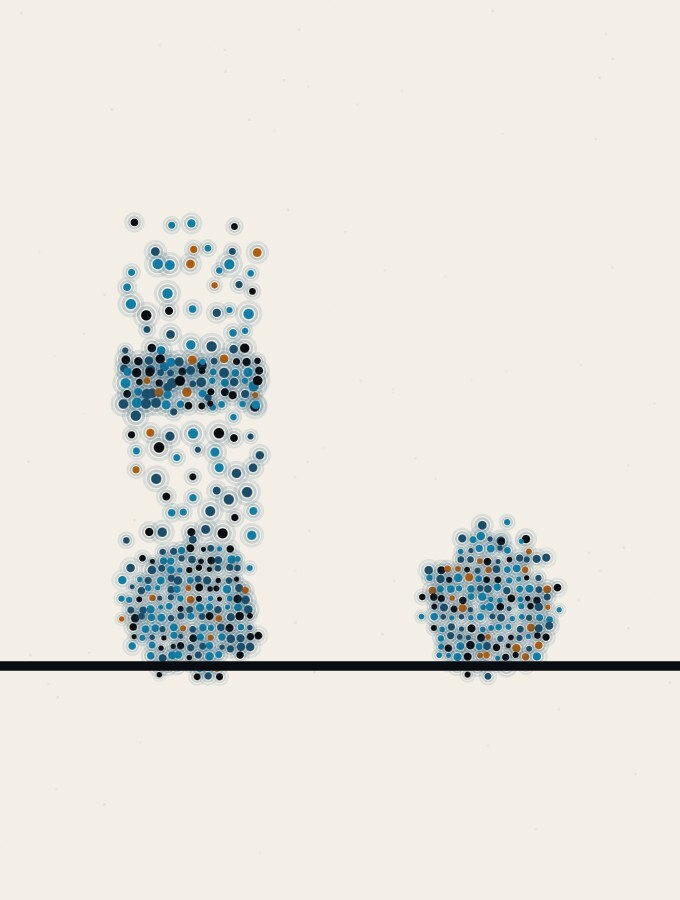 An abstract illustration in pointillist dots: two equal dot-spheres resting side by side on a horizon, the left one with a thick cluster of dots stacked above it, the right one with only a few.