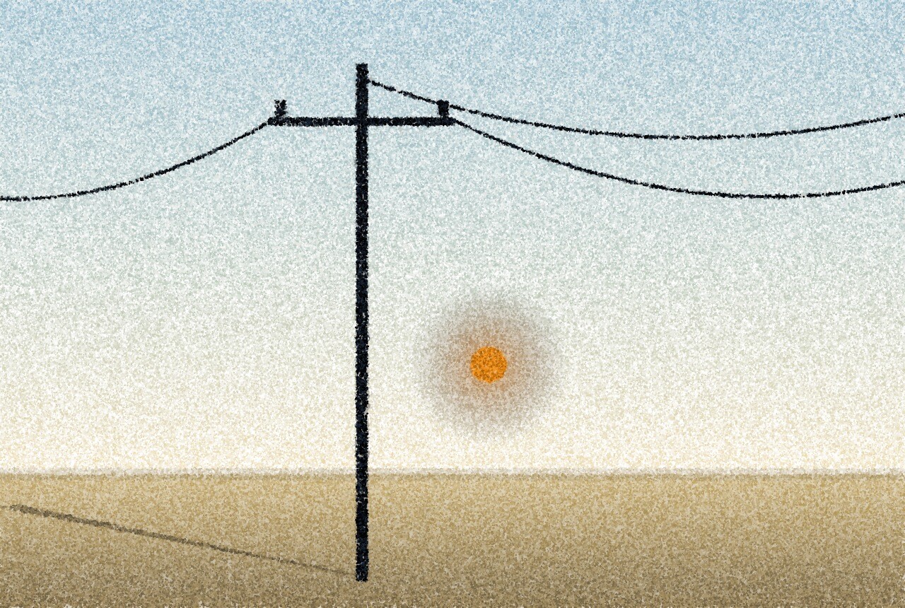 A pointillist illustration: a single wooden utility pole with one crossarm and slack wires standing on flat, dry ground against a white-hot afternoon sky, with one amber point of light in the low sun beside the pole.
