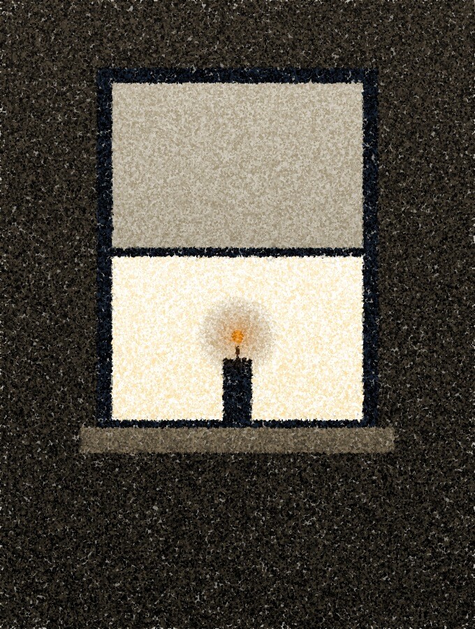 A pointillist illustration: a dark room seen from inside, a single tall window filled with white-hot daylight, a blind pulled halfway down, with one amber point of light in a small candle flame on the sill.