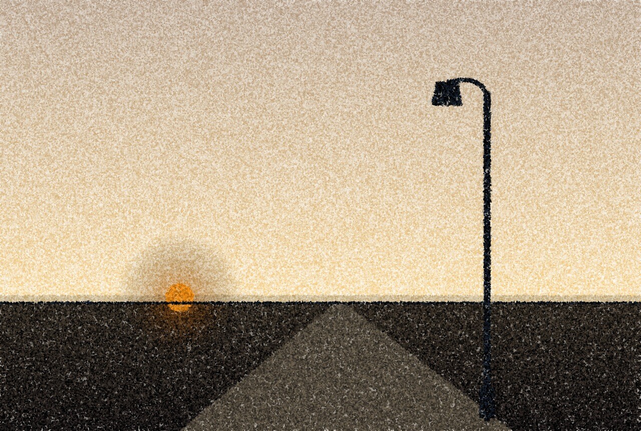 A pointillist illustration: an unlit street lamp post standing alone at the edge of an empty road against a pale orange evening sky, the land below already in shadow, with one amber point of light in the setting sun on the horizon.