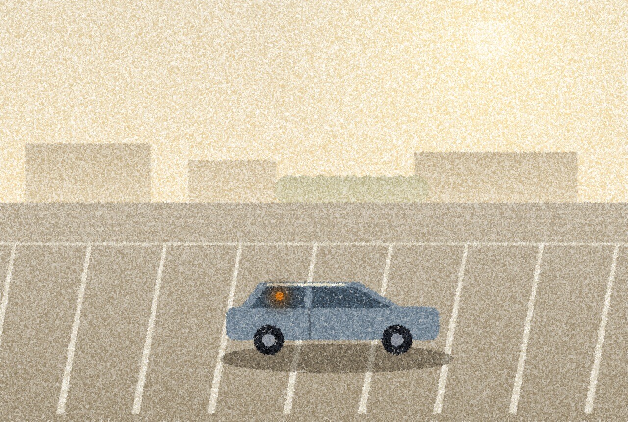 A pointillist illustration: a single small car parked alone in a sunlit car park at midday, short hard shadows on pale tarmac and a heat-hazed sky, with one small amber point of light on the car&rsquo;s rear window.