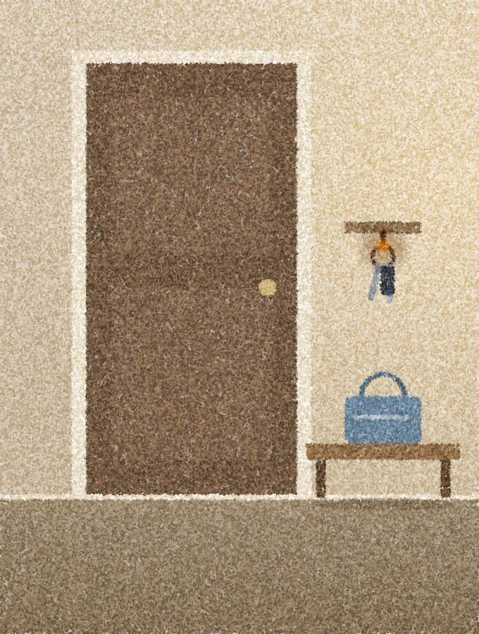 A pointillist illustration: a tall front hallway in late afternoon light, a closed door with a set of keys hanging on a hook beside it and a small bag on a bench below, with one small amber point of light on the key ring.