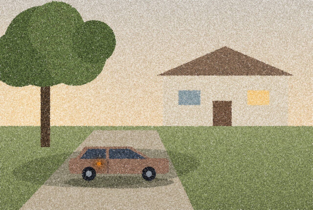 A pointillist illustration: a quiet suburban driveway in the evening, a small car parked in the shade of a broad tree beside a plain house, long soft shadows on the lawn, with one amber point of light on the car&rsquo;s rear door handle.