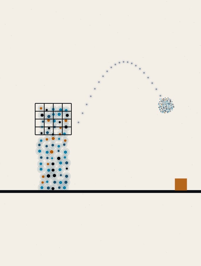 An abstract illustration in pointillist dots: a small dot-sphere gliding in a long low arc across a calm horizon, past a dot-column whose face is crossed by a fine grid of straight lines, with one small amber square resting on the horizon ahead.