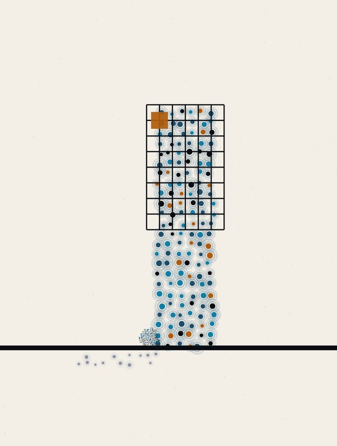 An abstract illustration in pointillist dots: a tall dot-column on a wide horizon shielded by a fine grid of straight lines, with a small dot-sphere resting harmlessly at its foot and one small amber square on the grid.