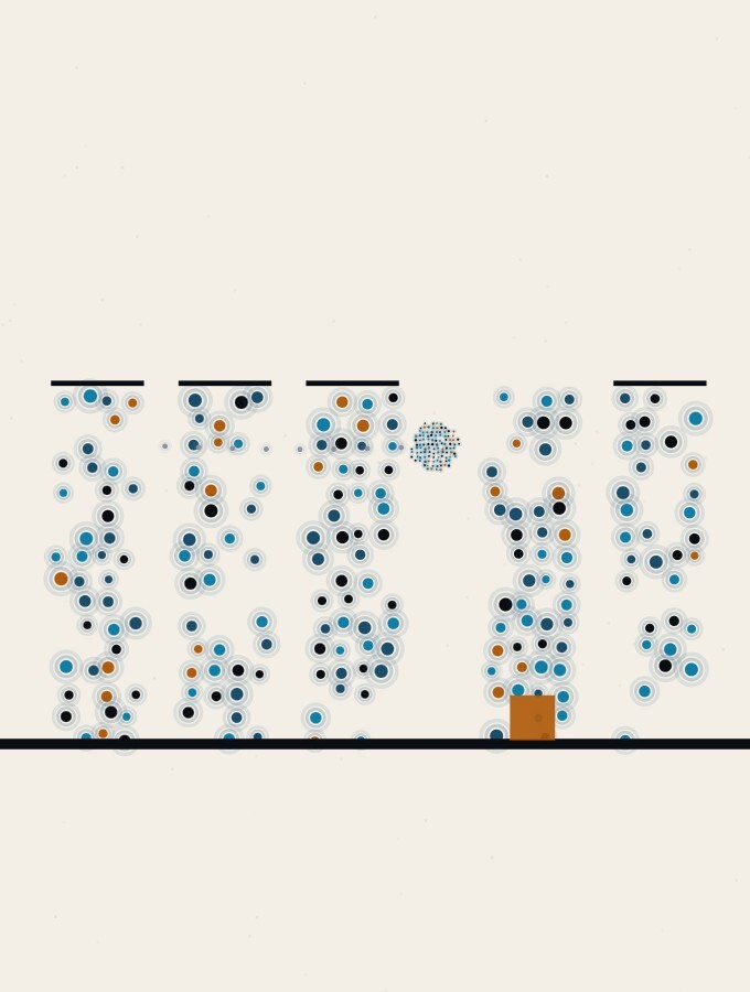 An abstract illustration in pointillist dots: a row of pale dot-columns standing on a low horizon, one of them standing apart without the thin rule that caps all the others, a small dense dot-sphere arriving at it from the left.