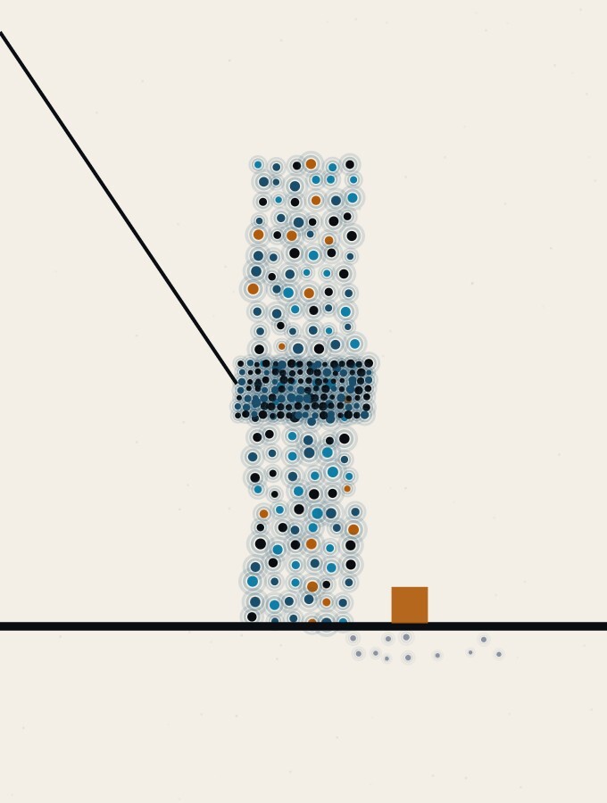 An abstract illustration in pointillist dots: a single dot-column standing on the horizon, wrapped at its middle by a band of tightly packed dots, with a straight diagonal line pressing against the band and stopping there, and a small amber square on the ground beside it.