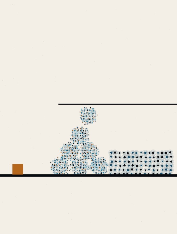 An abstract illustration in pointillist dots: a cluster of dot-spheres pressed together against a low wall on the horizon, one sphere tipped upward above the others, with a thin straight line drawn just over its edge.