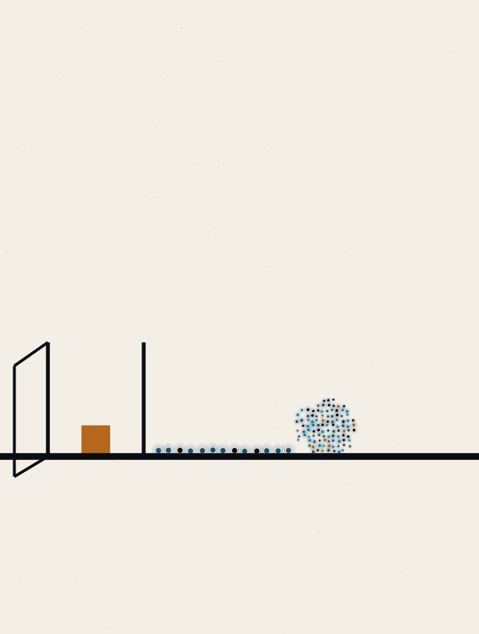 An abstract illustration in pointillist dots: a dot-sphere resting on a wide horizon beside an open gate drawn in thin straight rules, with a dotted path running from the gate to the sphere and a small amber square standing at the gate.