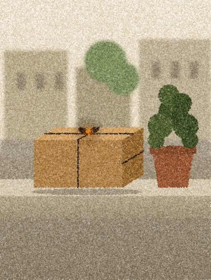 点描画：鉢植えのそばの玄関先に、ひもで結ばれた閉じた段ボール箱が置かれている。背後には静かな通りがやわらかくぼやけ、結び目の上に琥珀色の点が一つ。