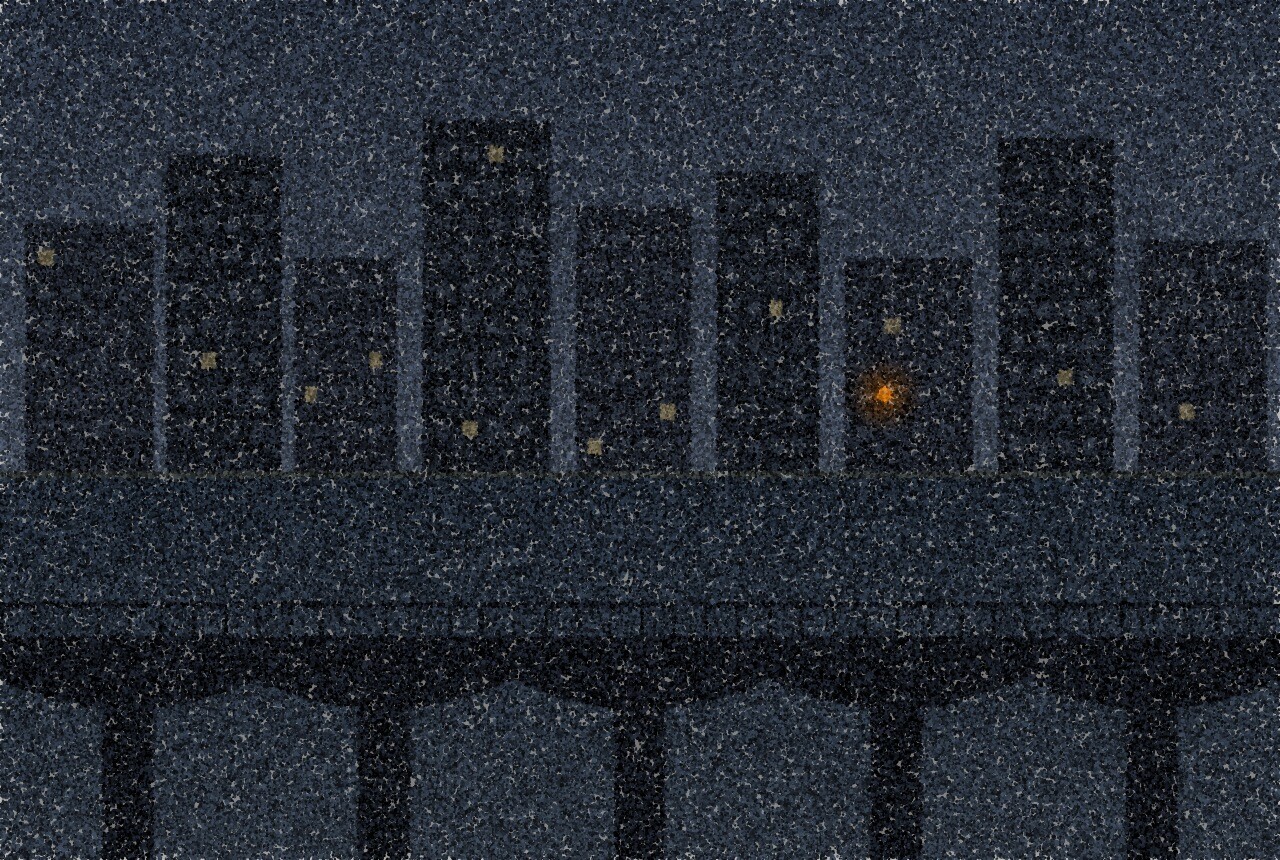 点描画：夜、広い川の向こうに並ぶマンションの棟。窓のほとんどは暗く、手前に低い橋がある。一つの窓だけに琥珀色の光が一つ。