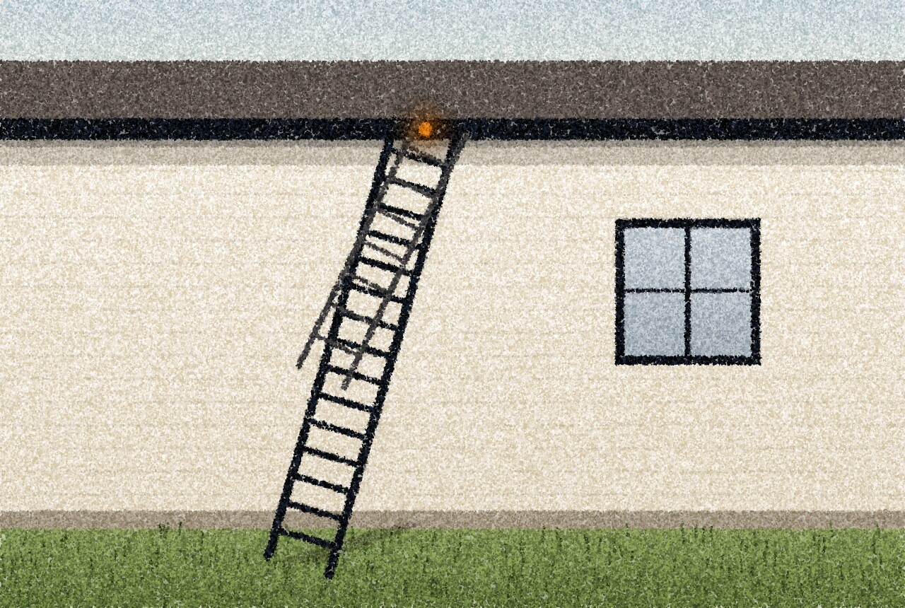 点描画：家の淡い壁に軒下まで立てかけられた伸縮はしご。下には細長い芝生、上にはやわらかな空。雨どいのところに小さな琥珀色の光が一つ。