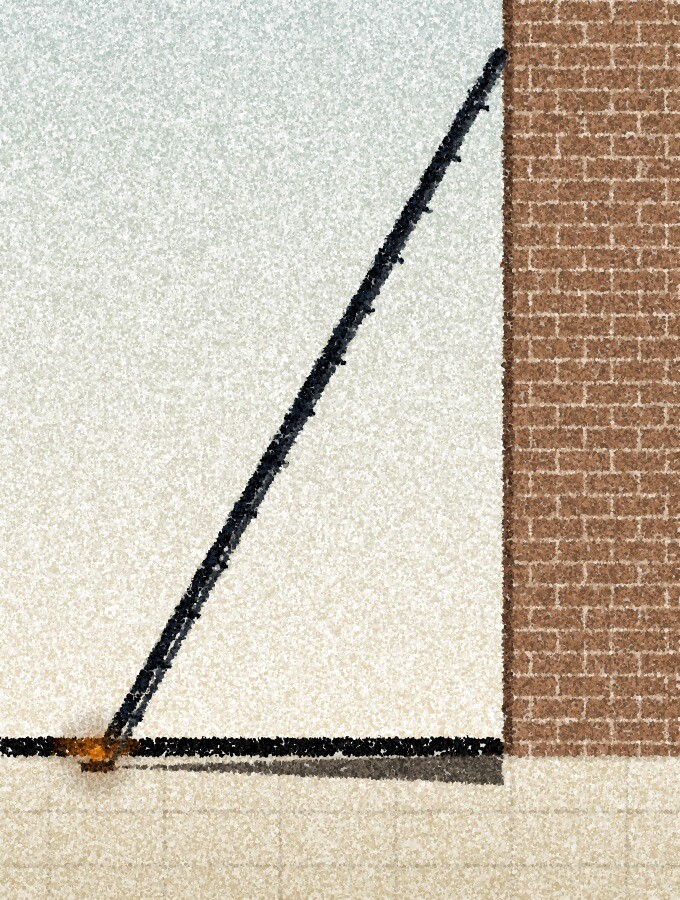 点描画：飾りのないれんがの壁に立てかけられた背の高いはしごを横から見たところ。足元は淡い舗装で、長い影が細い三角形をつくっている。はしごの足元に琥珀色の点が一つ。