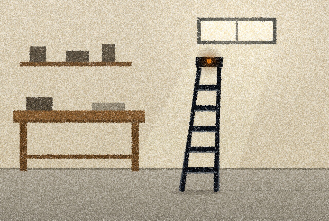 点描画：静かな車庫の壁に、木の作業台と並んで立てかけられた折りたたみの脚立。高い窓からやわらかな光が差し、脚立のいちばん上の段に琥珀色の点が一つ。