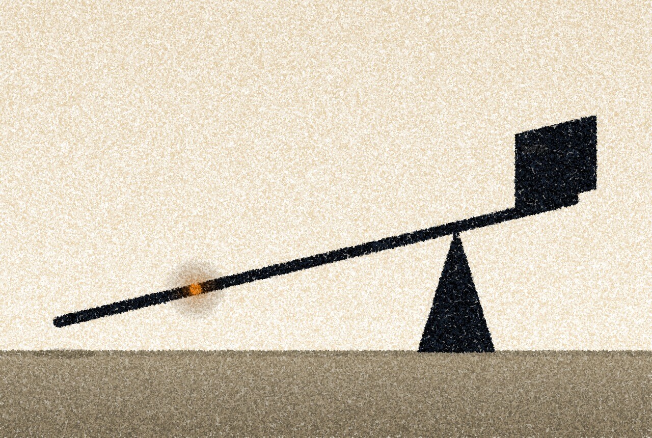 A pointillist illustration: a long dark bar resting on a small triangular pivot in front of a pale wall, lifting a heavy block at its short end, with one small amber point of light on the bar.