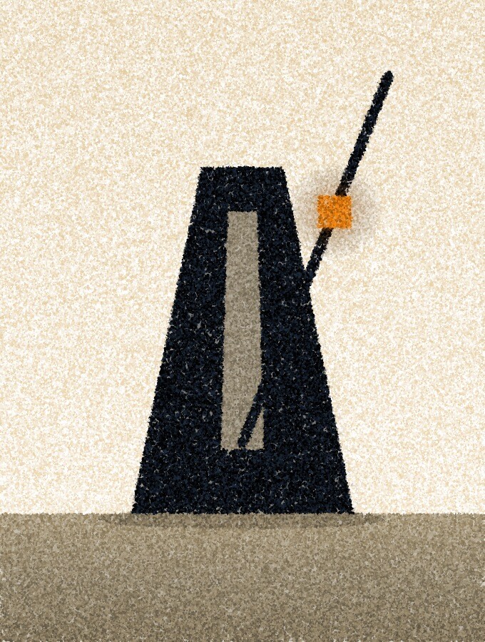 A pointillist illustration: the dark silhouette of a metronome on a pale table, its arm tilted far to one side, with a small amber weight on the arm.