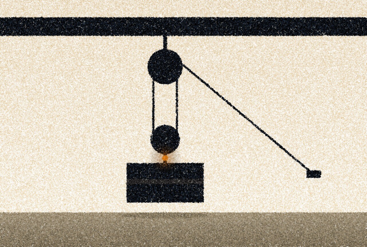 A pointillist illustration: a block-and-tackle pulley hanging from a dark beam, its rope running down to a crate lifted a short way off a pale floor, with one small amber point on the hook.