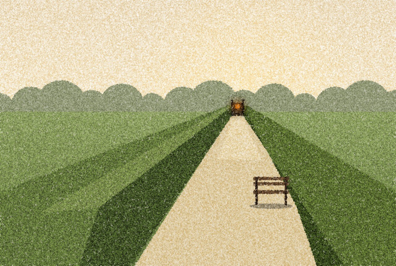 A pointillist illustration: a long garden path lined with low hedges leading towards a distant gate in late afternoon light, with an empty bench halfway along and one small amber point of light on the gate.