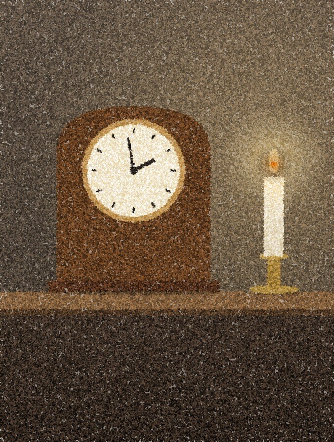 A pointillist illustration: a tall narrow view of an old clock on a mantelpiece beside a single candle in a brass holder, soft light from the side, with one small amber point of light at the candle flame.
