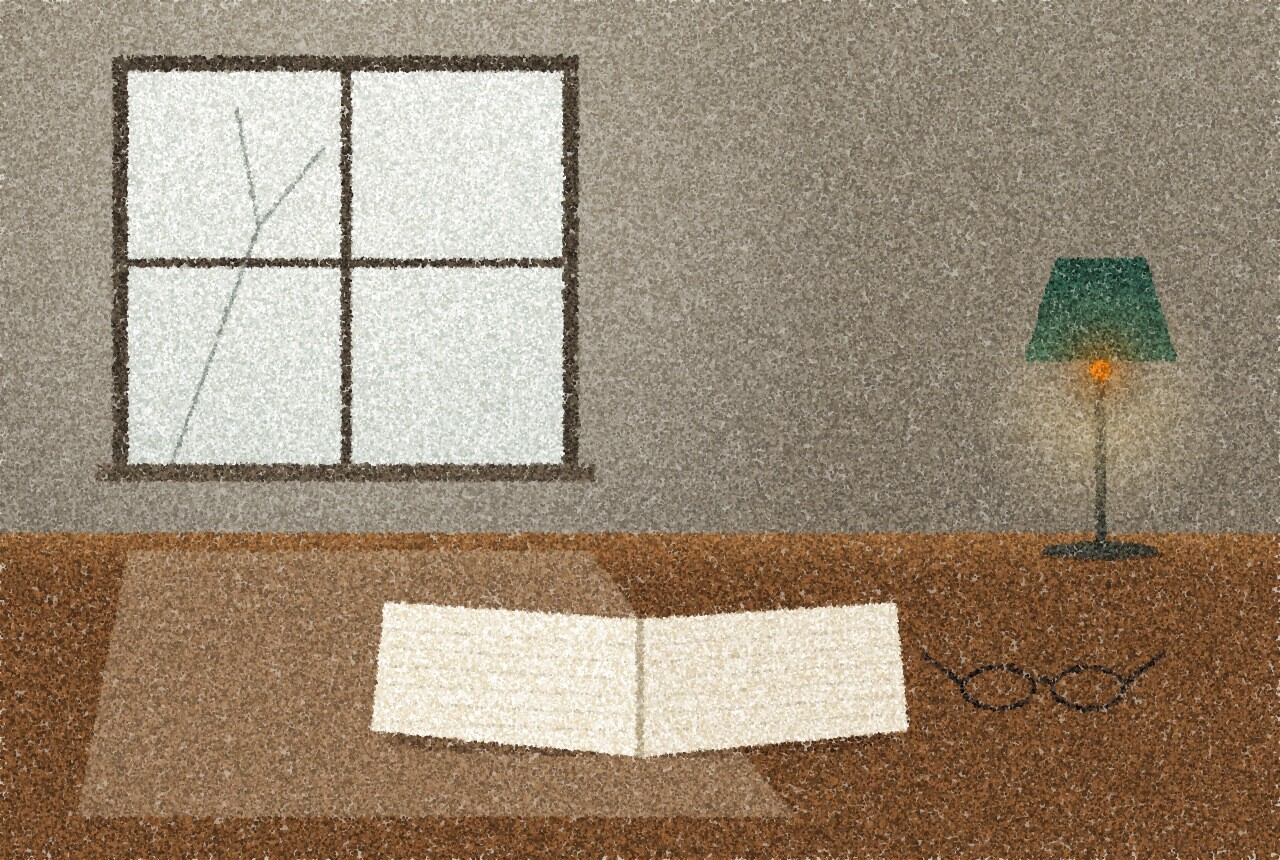 A pointillist illustration: a quiet reading room with a wooden table, an open ledger with blank pages and a pair of spectacles beside a window with soft winter light, and one small amber point of light on the table lamp.