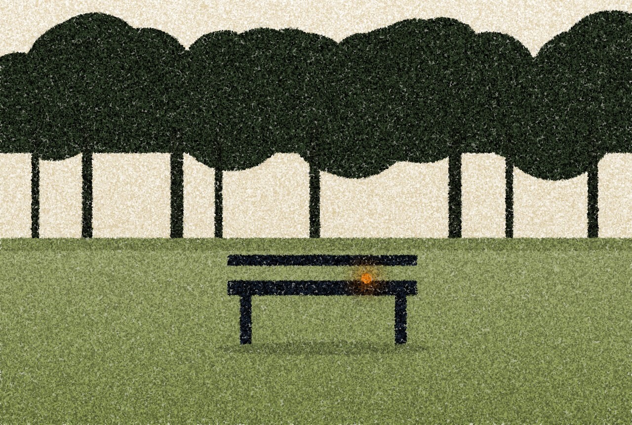 A pointillist illustration: a low wooden bench at the edge of a mown clearing, a tall line of dark trees behind it, with one amber point on the bench.