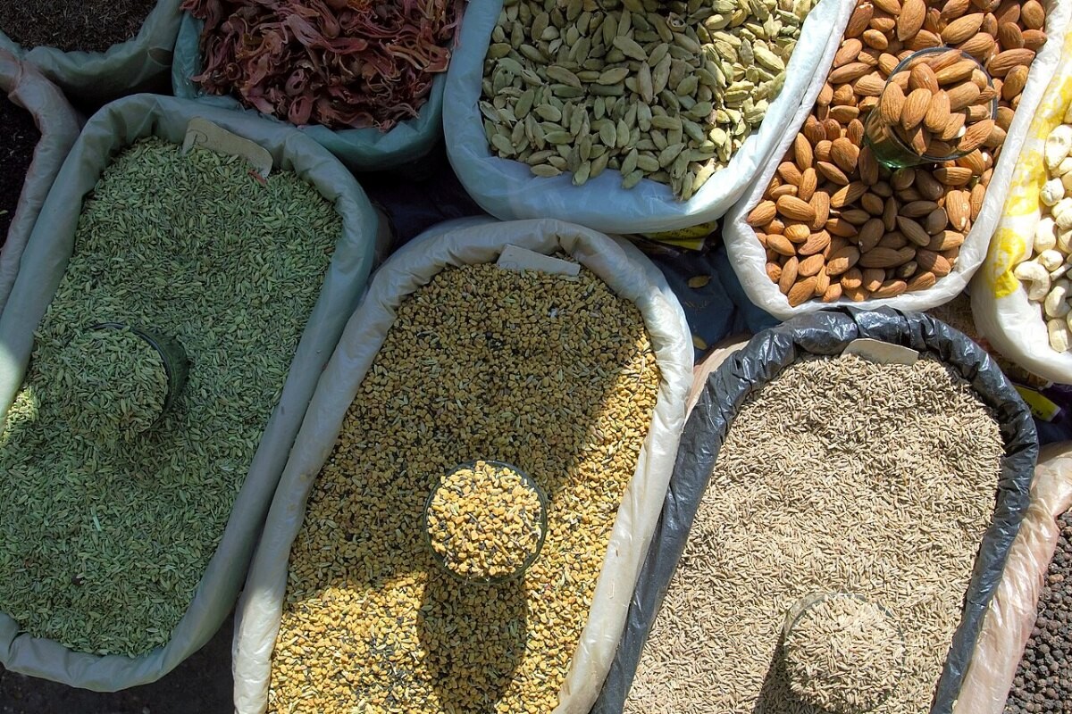 Spices, seeds and nuts at a market in Darjeeling, India