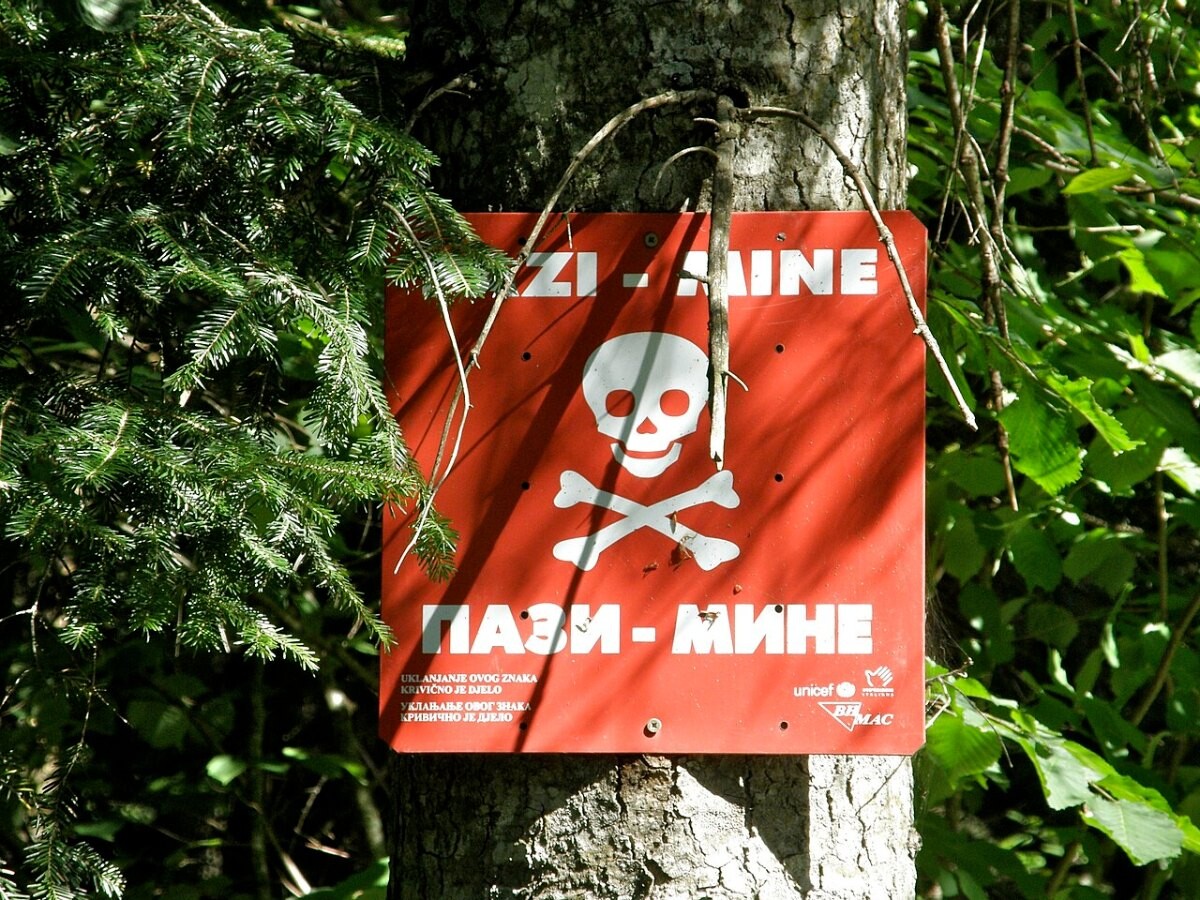 A landmine warning sign in Bosnia and Herzegovina