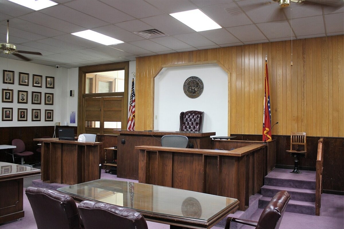 The courtroom in the Boone County Courthouse in Harrison, Arkansas