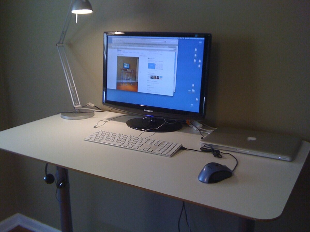 An office with a standing desk