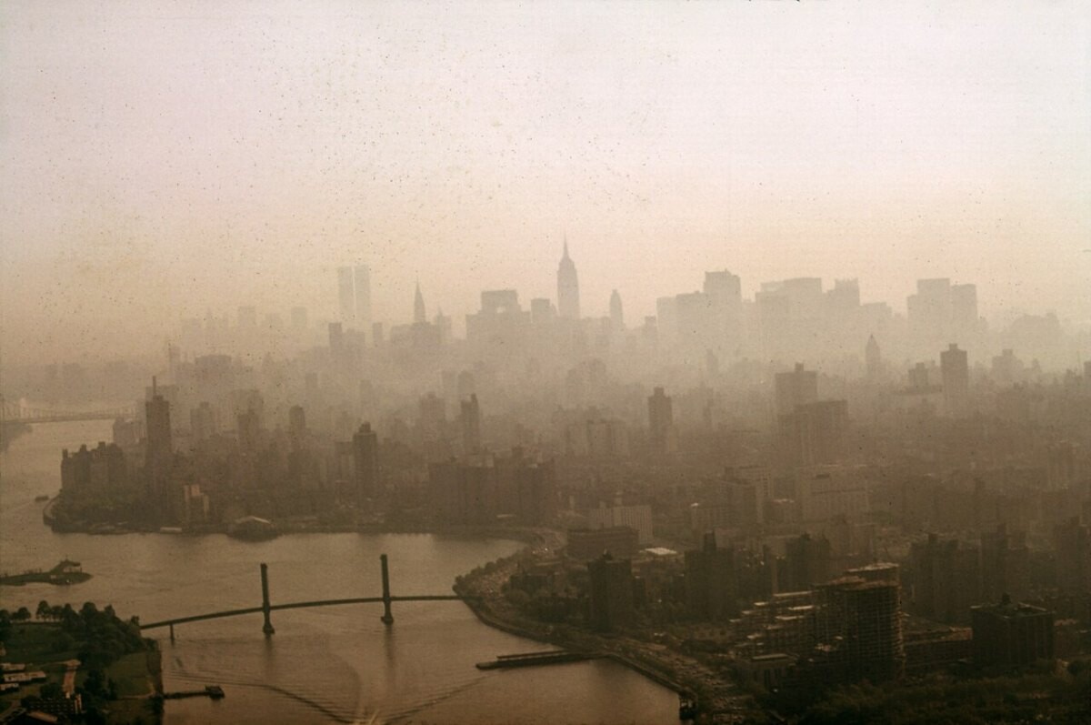 Smog over the East River and the Manhattan skyline