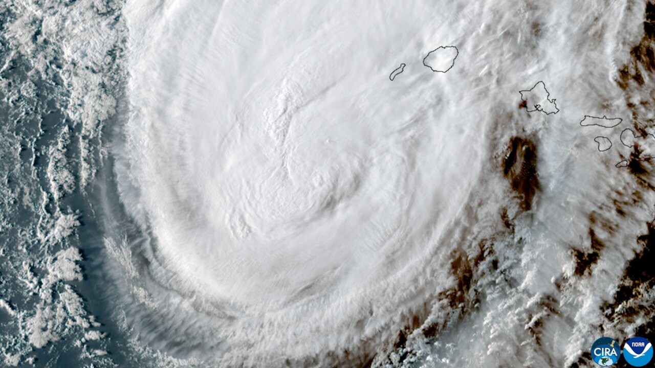 GOES satellite image of Hurricane Lowell passing close to Kauai, Hawaii, on 8 September 2026