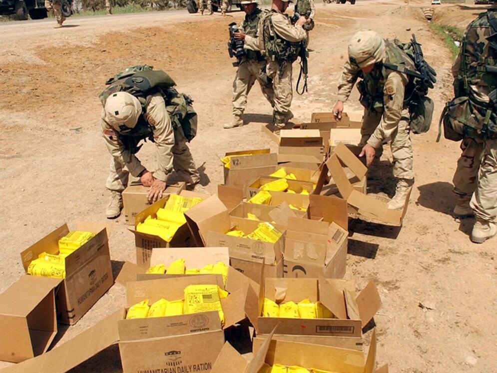 File photo of humanitarian aid boxes being distributed