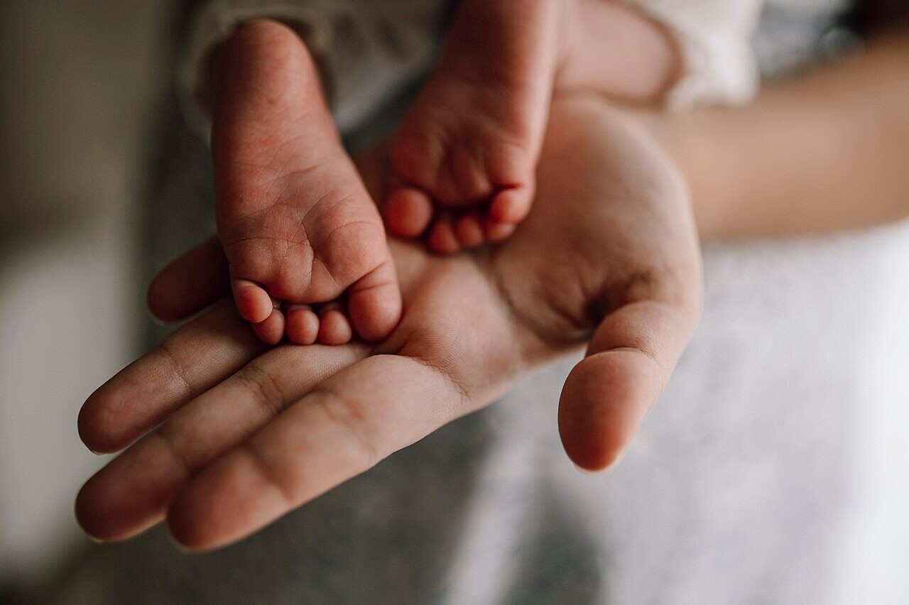 A newborn baby's feet resting in a parent's hand