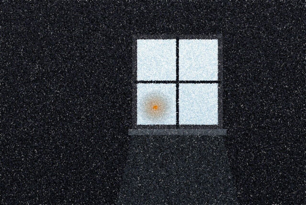 A pointillist illustration: a dark, plain wall at night with a single lit square window, cool pale light spilling from it, and one small amber glow from a lamp low in the corner of the window.
