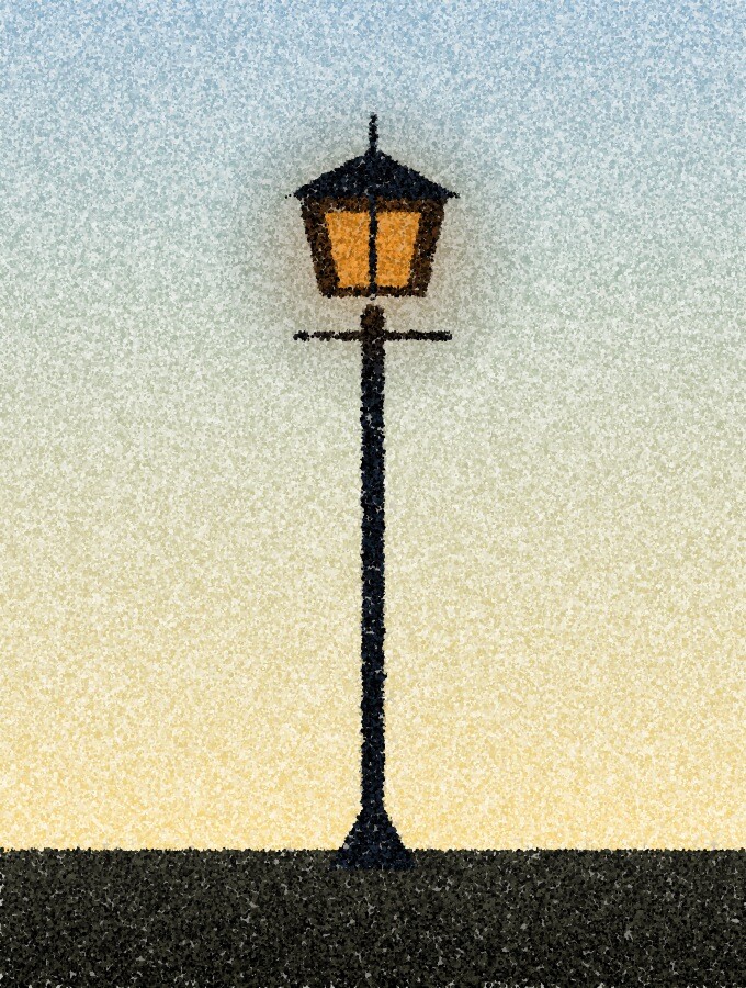 A pointillist illustration: a single slender street lamp post standing against a pale dawn sky, its lamp still glowing, with one amber point of light in the lamp.