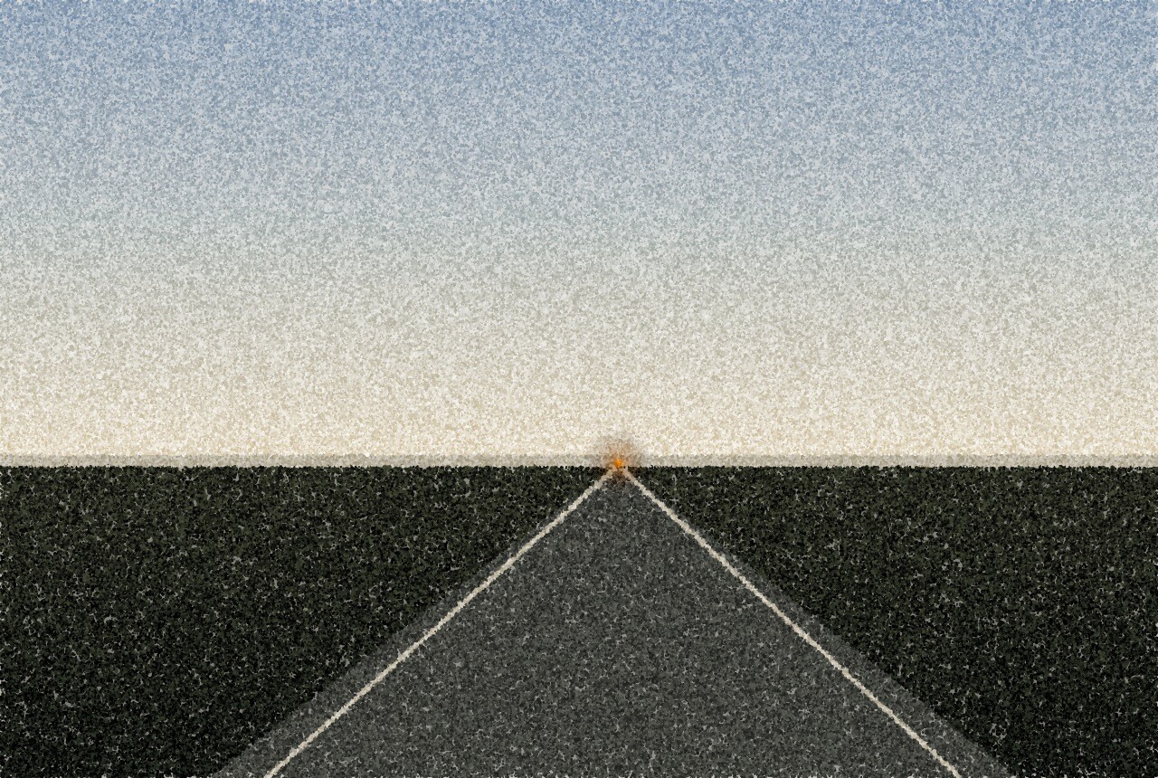 A pointillist illustration: a straight, empty country road at dusk receding across flat fields to a vanishing point, with one amber point of light far away on the horizon.