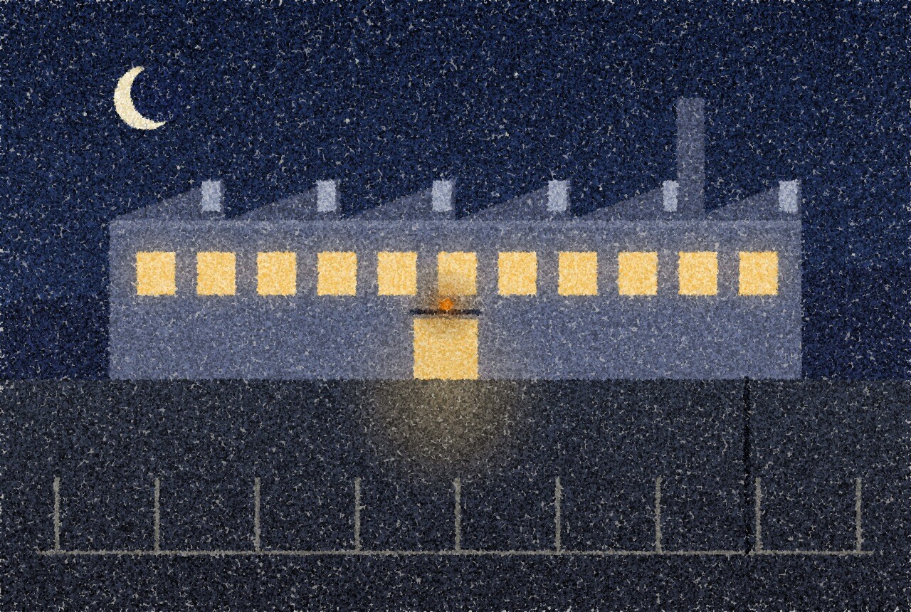A pointillist illustration: a long, low industrial building at night under a deep blue sky with a thin crescent moon, a row of lit windows along its side and an empty car park in front, with one small amber point of light above the entrance.