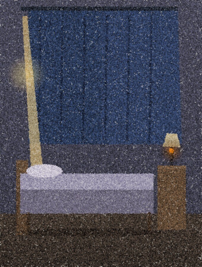 A pointillist illustration: a bedroom by day with heavy curtains drawn across a tall window, a thin strip of bright sunlight leaking down one edge onto a neatly made bed and a small bedside table, with one amber point of light on the bedside lamp.