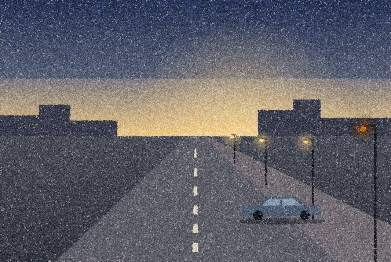A pointillist illustration: an empty road at dawn running past a row of streetlamps, the sky pale gold at the horizon and still dark blue above, a single parked car at the kerb, with one amber point of light on the nearest lamp.