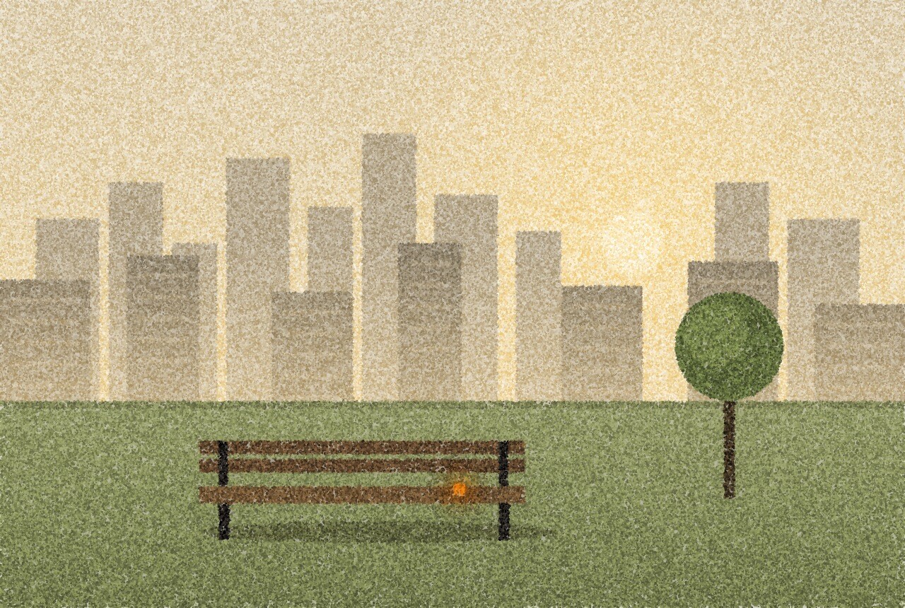 A pointillist illustration: a city skyline of plain block towers under a pale, hazy summer sky, a low sun behind the haze and a bare park bench in the foreground, with one small amber point of light on the bench.