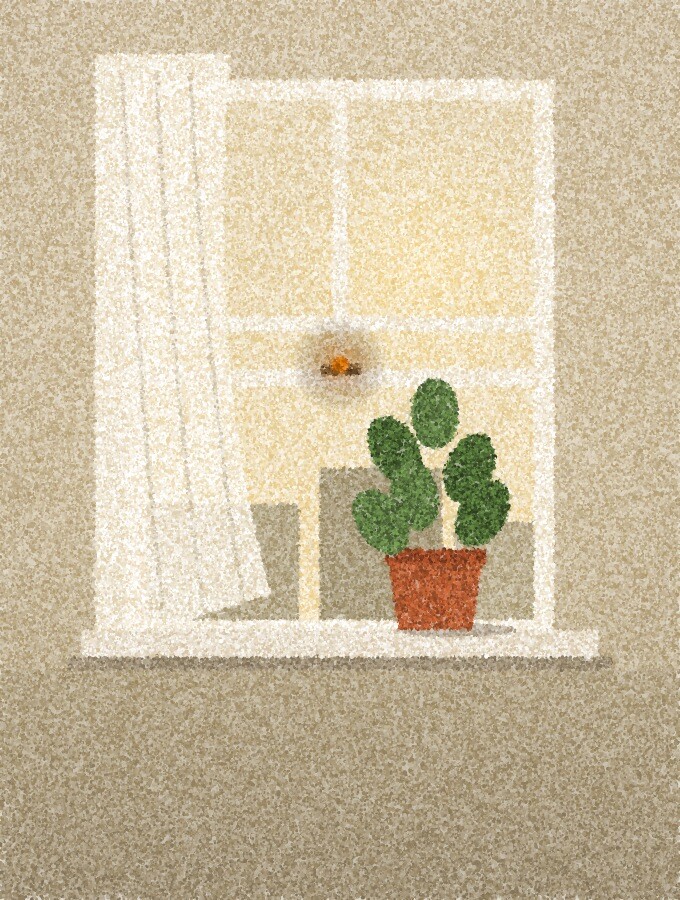 A pointillist illustration: a tall window onto a pale hazy sky and distant rooftops, a thin curtain drawn to one side and a potted plant on the sill, in soft side light, with one amber point of light on the window latch.