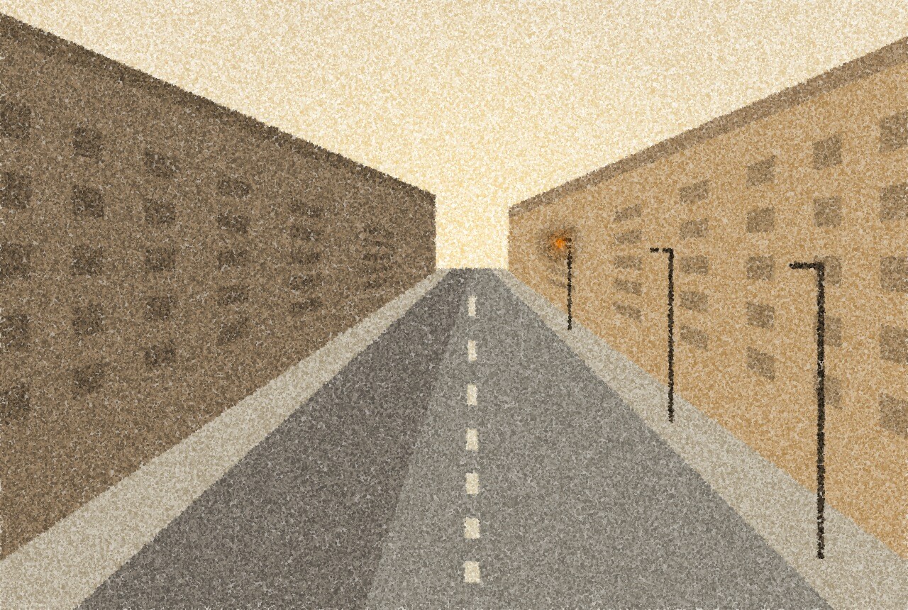A pointillist illustration: a wide, empty city avenue on a bright Sunday morning, plain buildings on either side, long shadows and a pale hazy sky, with one amber point of light on a distant streetlamp.