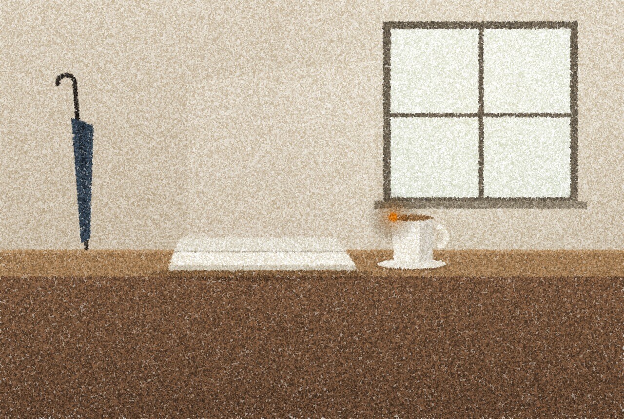 A pointillist illustration: a folded blank newspaper and a cup on a kitchen table by a window in pale morning light, a closed umbrella leaning against the wall, with one small amber point of light on the rim of the cup.