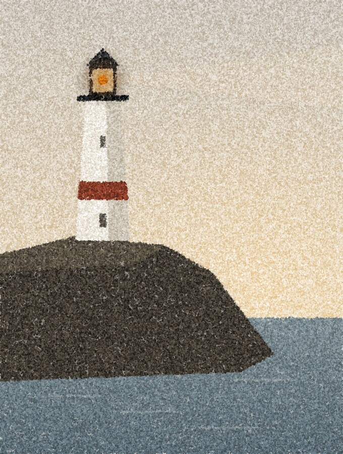 A pointillist illustration: a white lighthouse on a dark rocky headland under a pale evening sky, in a tall narrow frame, with calm sea below and one small amber point of light at the lamp.