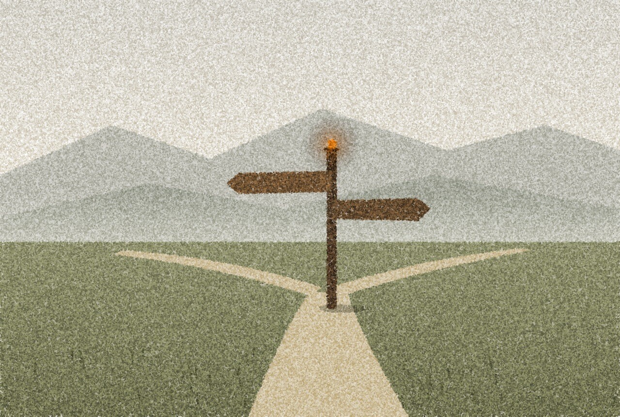 A pointillist illustration: a mountain path forking at a weathered wooden signpost with blank arms, low mist filling the valley beyond, with one small amber point of light on top of the post.