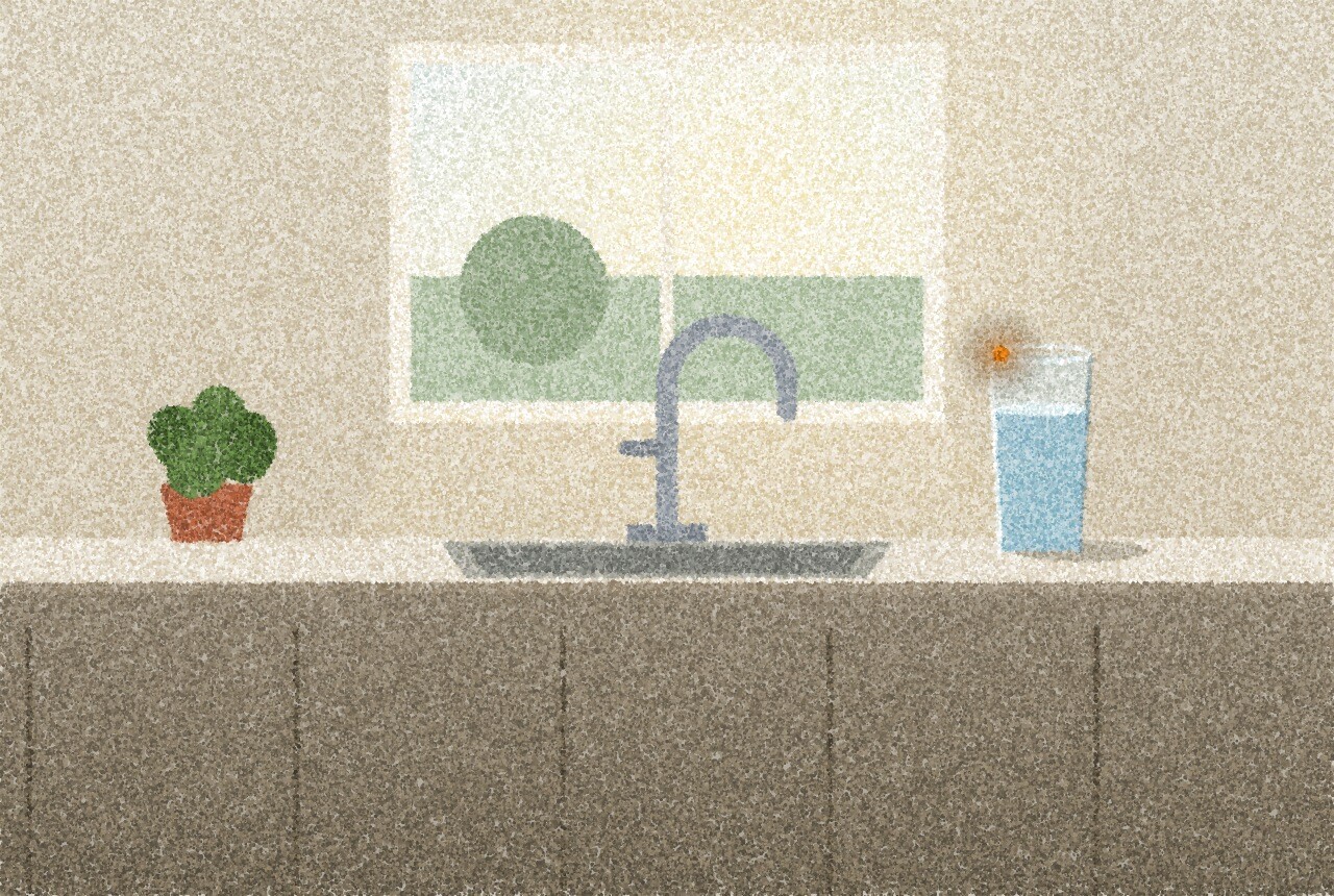 A pointillist illustration: a plain kitchen sink beneath a window in soft morning light, a tall glass of water standing on the counter beside the tap, with one small amber point of light reflected on the rim of the glass.