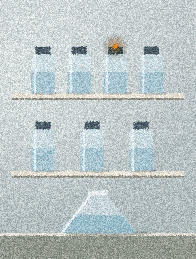 A pointillist illustration: a tall laboratory shelf holding a row of plain glass sample bottles and a clear measuring flask in cool side light, with one small amber point of light on the cap of one bottle.